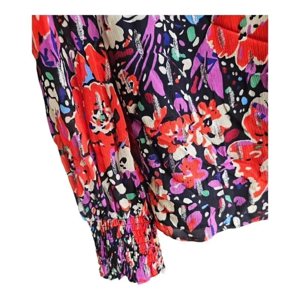 J CREW Smocked Popover‎ Top in Lurex Dot Floral Print - Size Medium